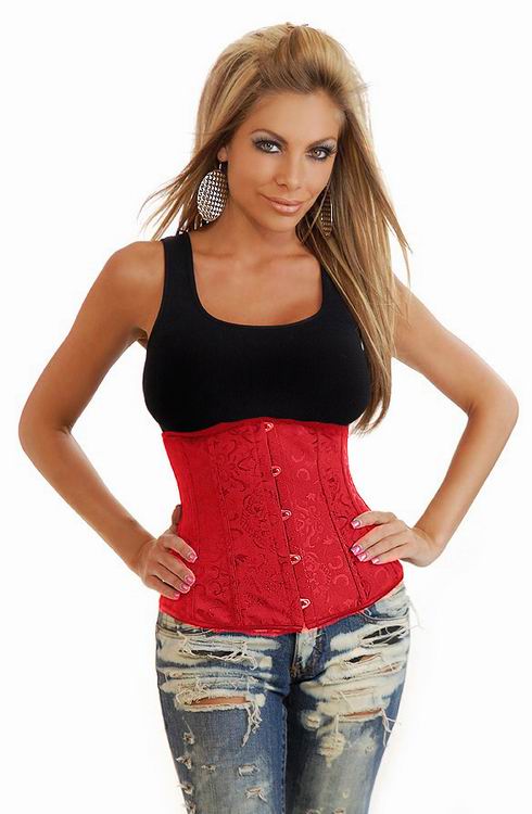 Красный Косточки Underbust Корсет Цветочный Атлас Без Бретелек Корсет